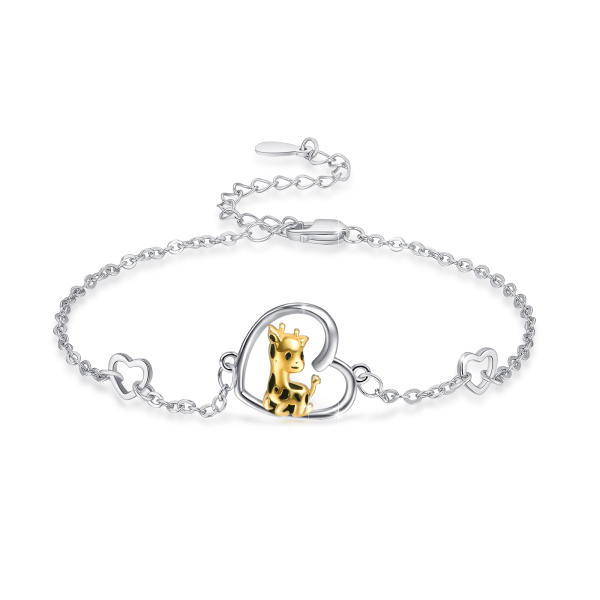 Sterling Silver Two-tone Giraffe Heart Charm Bracelet